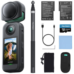 AKASO 360 camera front view for immersive 5.7K footage on adventures.