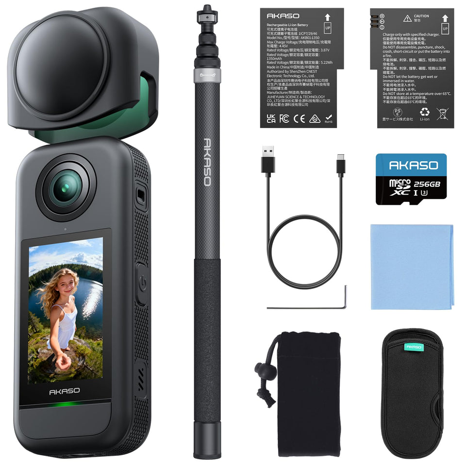 AKASO 360 camera front view for immersive 5.7K footage on adventures.
