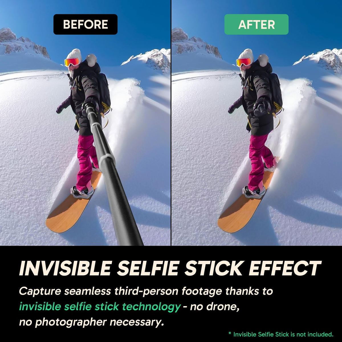 AKASO 360 invisible selfie stick shot demonstrates third-person visuals without visible gear.