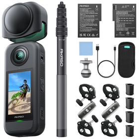 Akaso 360 action camera demonstrates 360-degree video setup for immersive footage.