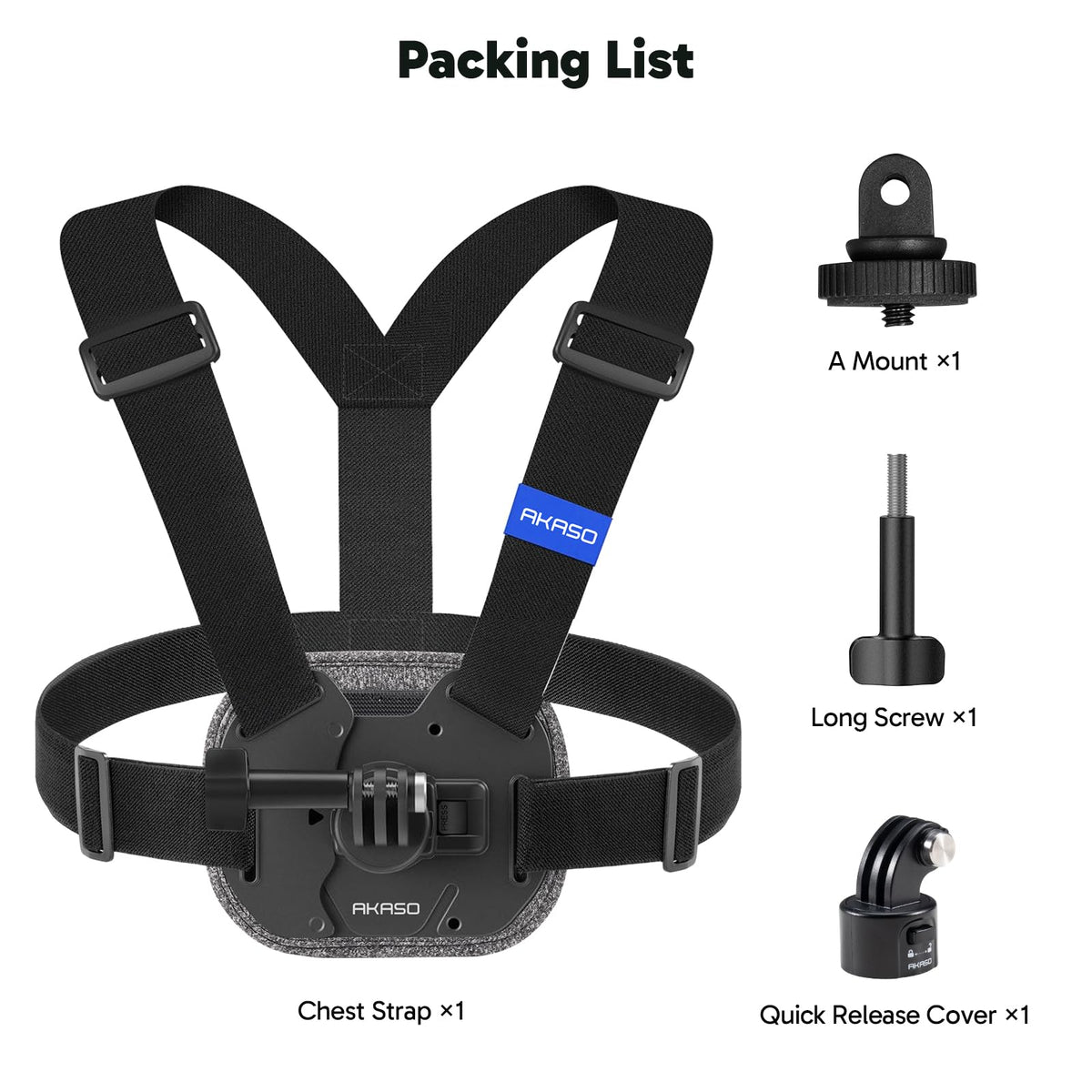 AKASO chest mount packed in travel bag for lightweight portability