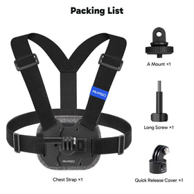 AKASO chest mount packed in travel bag for lightweight portability