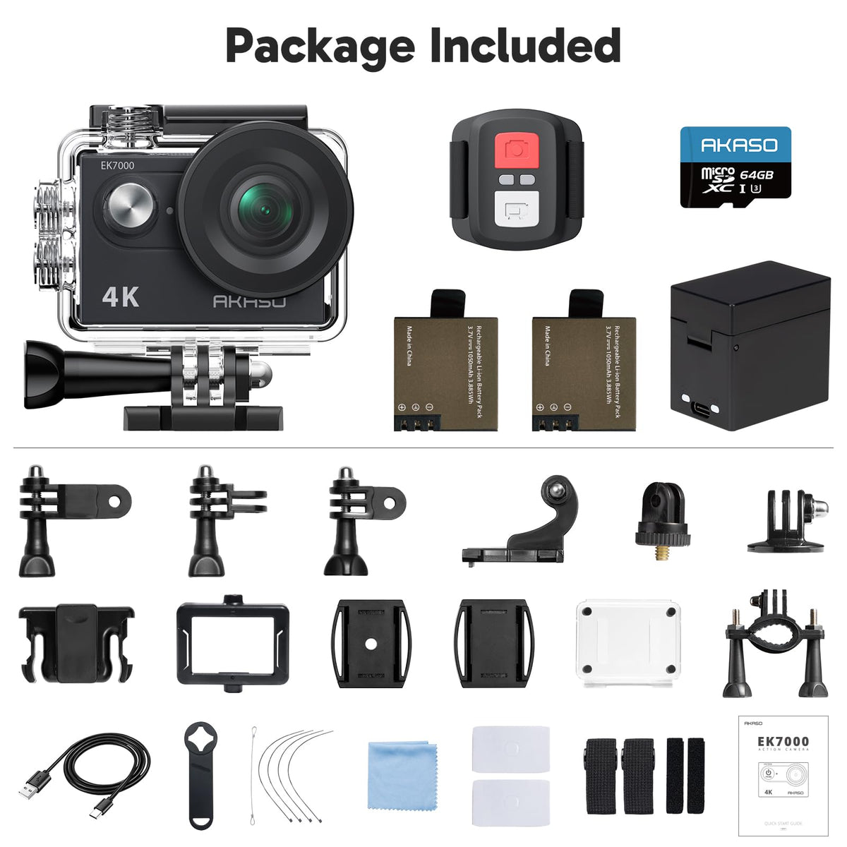 AKASO EK7000 accessories bundle supports versatile setups.