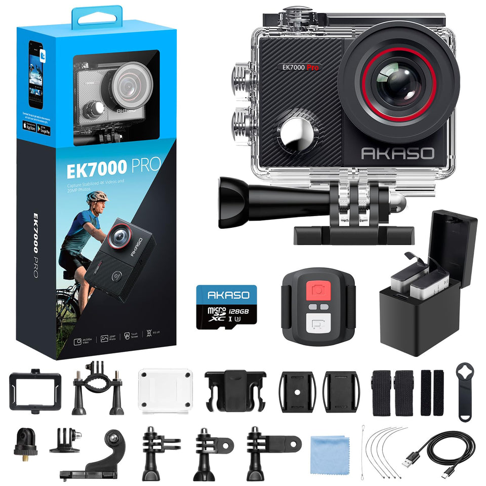 AKASO EK7000 Pro 4K camera front view for immersive travel footage.