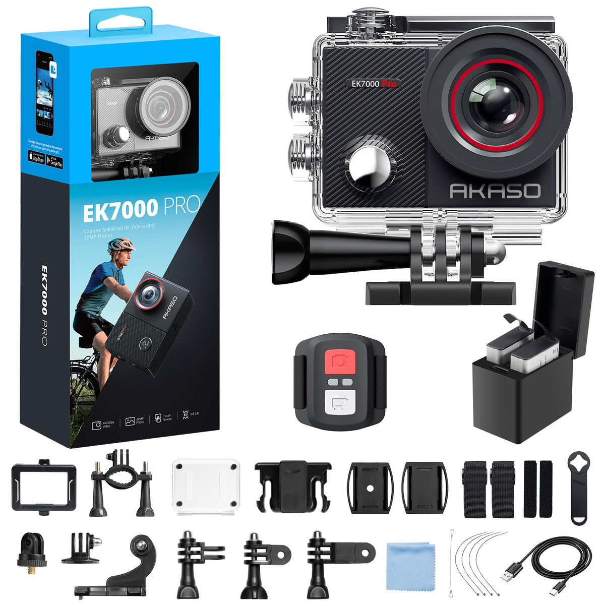 AKASO EK7000 Pro front view shows 4K capability for immersive action footage.