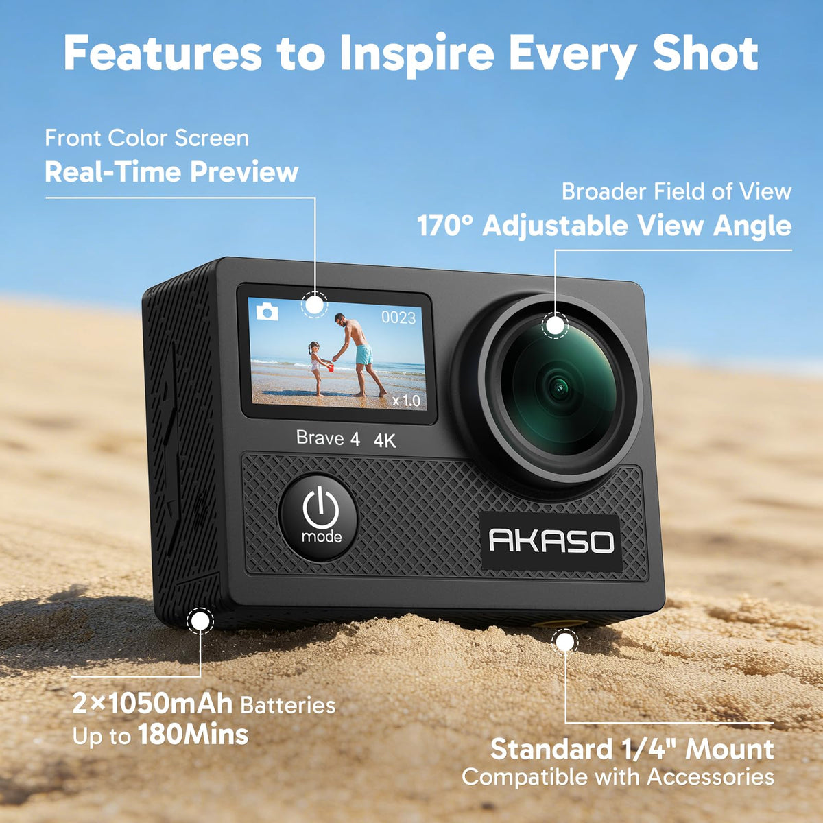 AKASO Brave4 dual screens help you frame from different angles