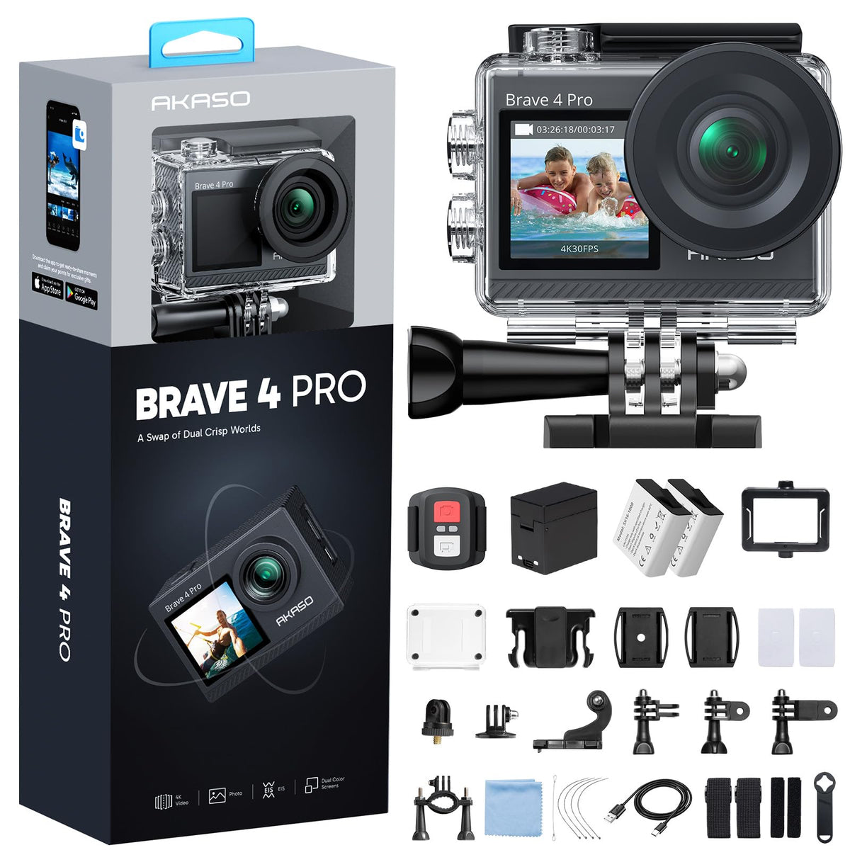 AKASO Brave 4 Pro front screen selfie view for precise framing