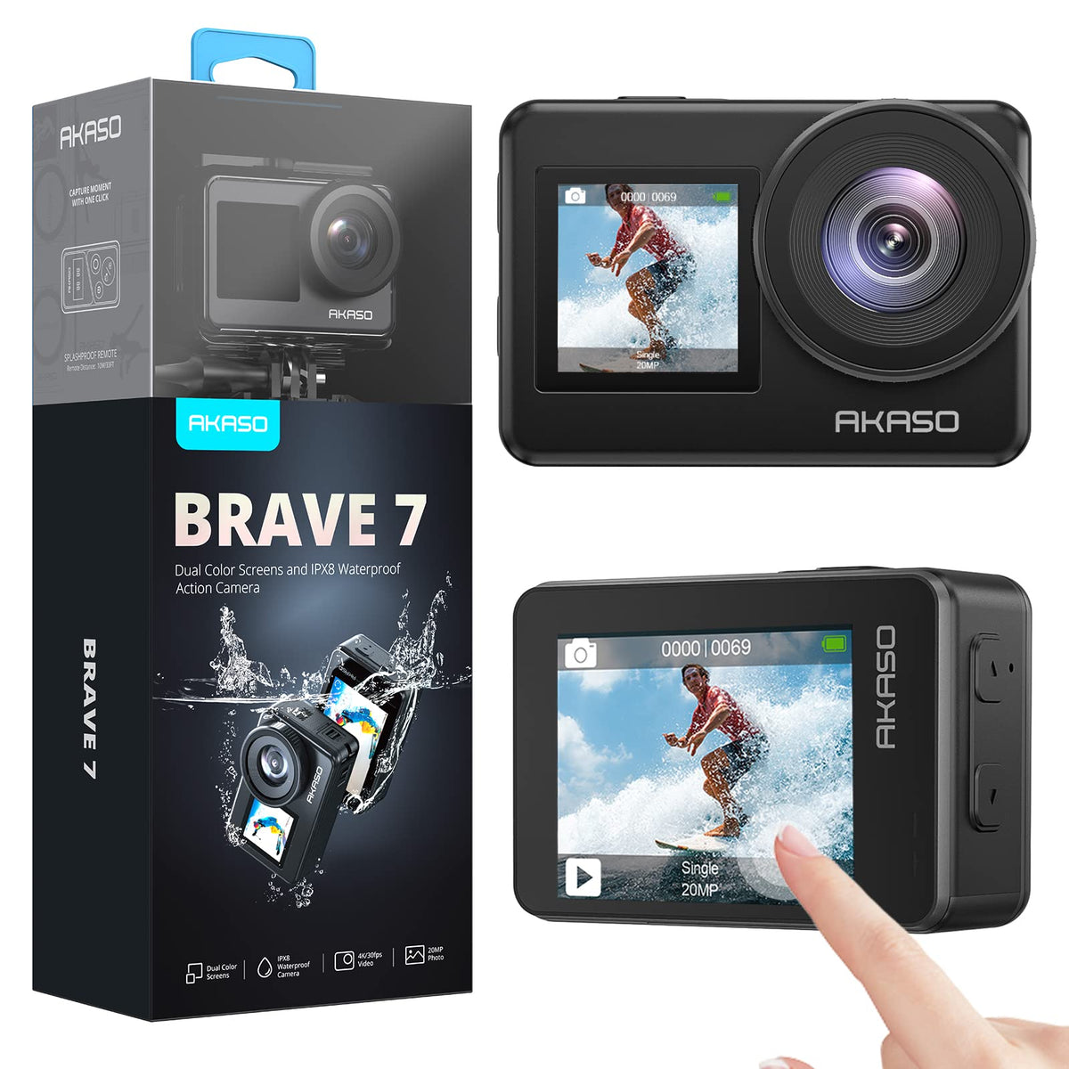 AKASO Brave 7 front view showing 4K capability for crisp footage