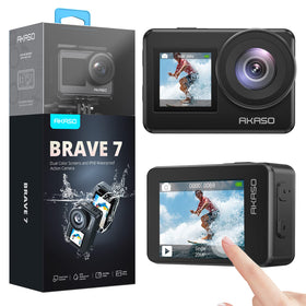 AKASO Brave 7 front view showing 4K capability for crisp footage