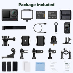AKASO Brave 8 accessories kit with mounts and batteries.