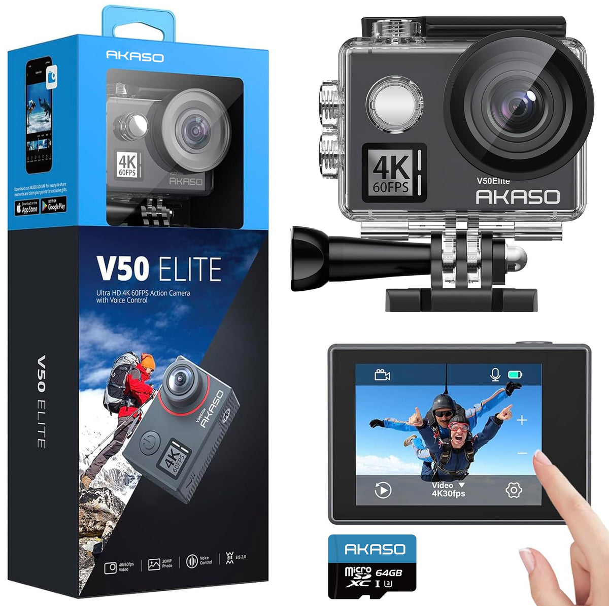 AKASO V50 Elite front screen for quick framing during adventures.