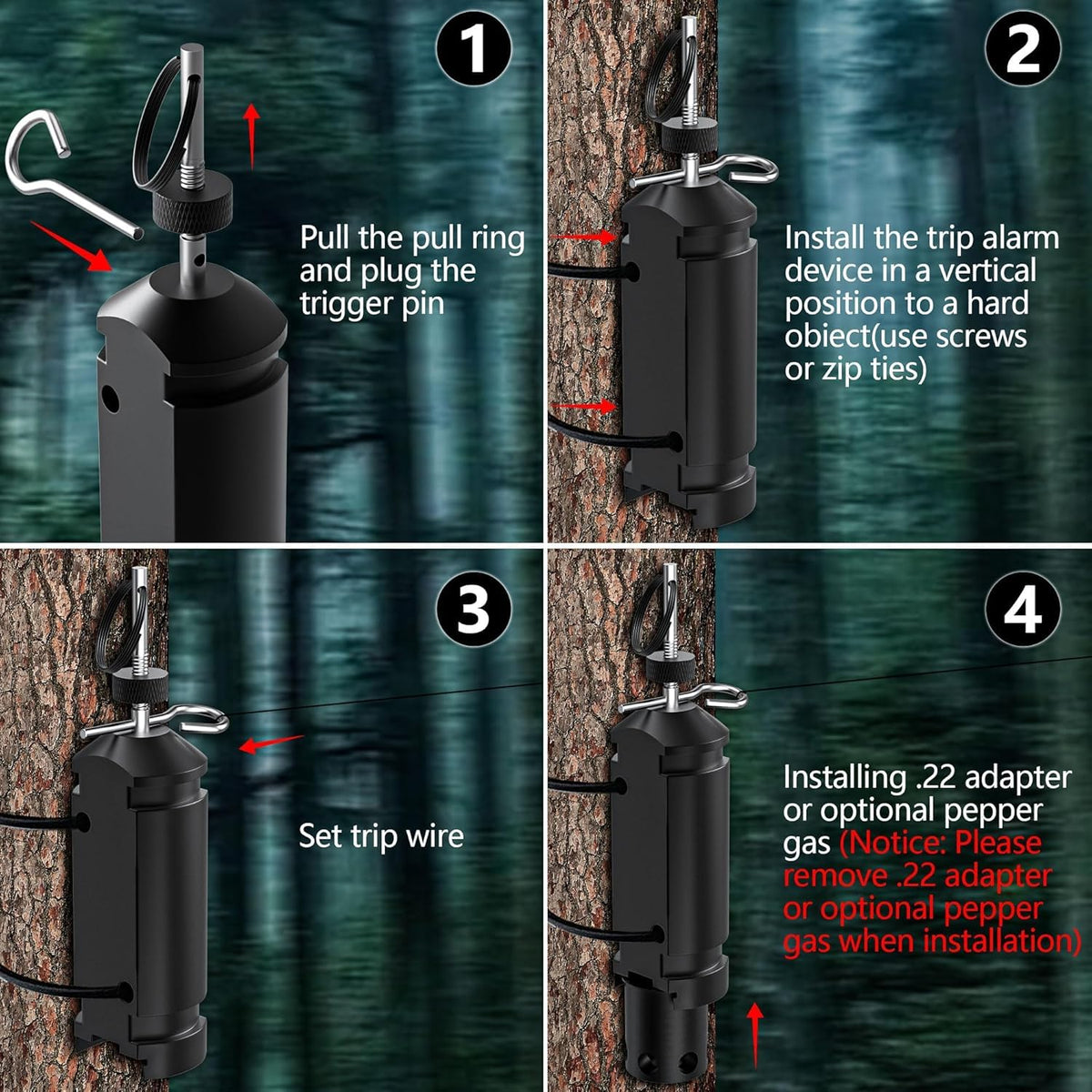 AKELOR trip wire detail showing low-profile line and reliable trigger benefit