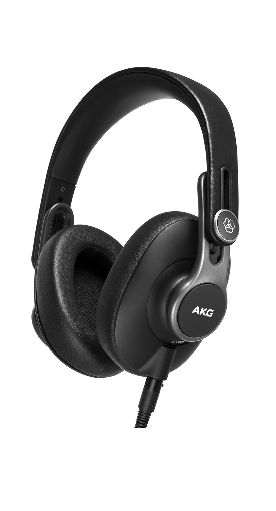 AKG K371 folding headphones front view; immersive sound stage for on-the-go mixing.