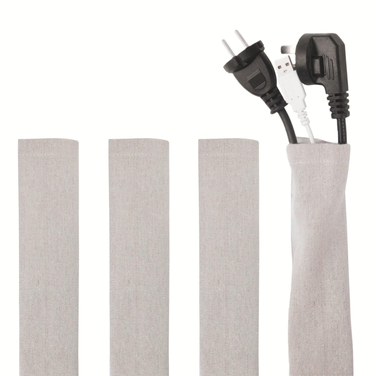 AkiiGer 6ft linen cord cover in natural color keeping cables neatly organized behind a TV setup