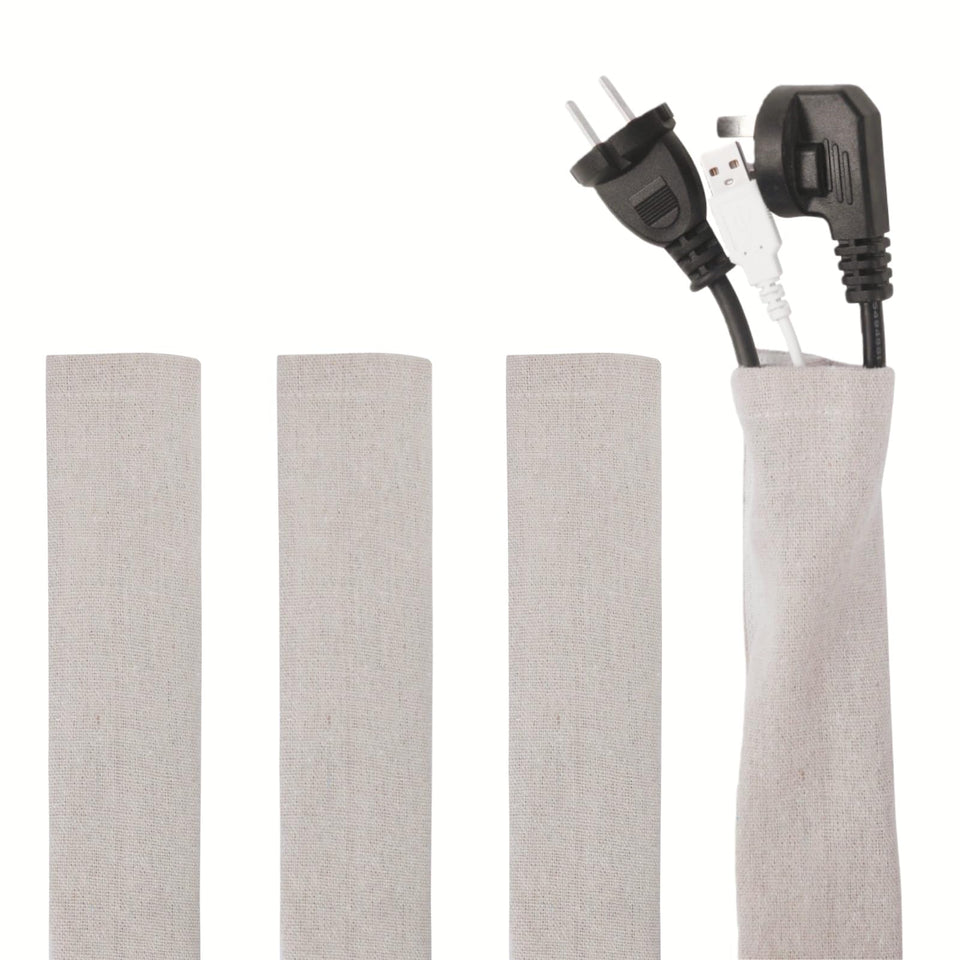 AkiiGer 6ft linen cord cover in natural color keeping cables neatly organized behind a TV setup