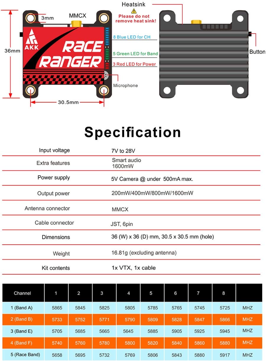 AKK A1918 VTX power and channel setup layout enables fast configuration.