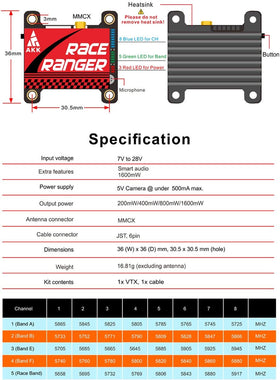 AKK A1918 VTX power and channel setup layout enables fast configuration.