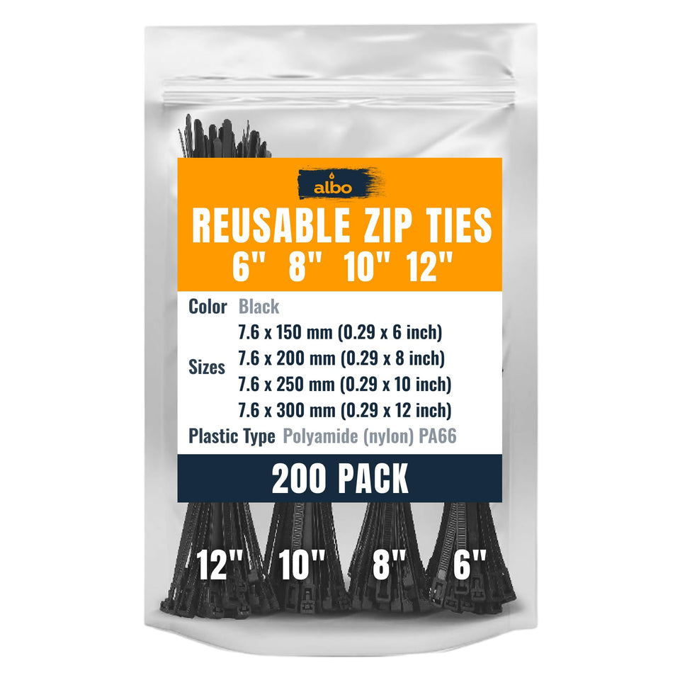 Albo black zip ties in assorted sizes for tidy cable organization and quick securing.