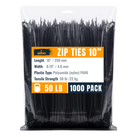 ALBO front packaging of 1000 black zip ties showing value pack benefit