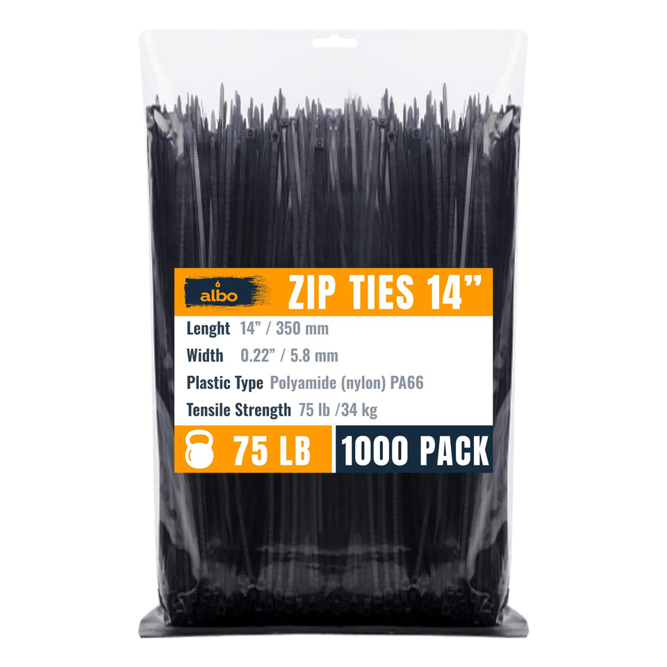 ALBO front packaging showing 1000 black 14-inch ties and clear labeling - durable supply