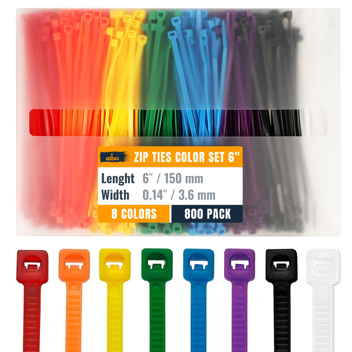 ALBO multi-colored zip ties in a large 800-pack for quick organization