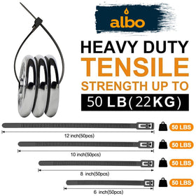 Albo heavy-duty nylon zip ties shown for outdoor, UV-resistant applications.