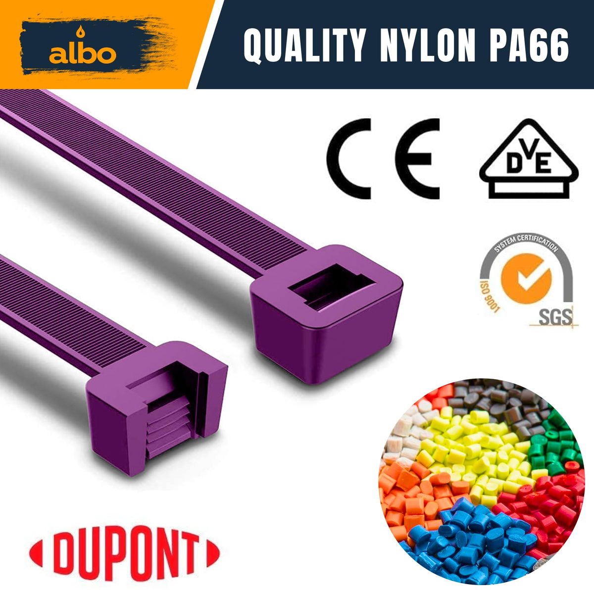 ALBO self-locking curved-tip zip ties designed for easy handling