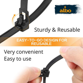 Albo self-locking zip ties with backstop designed for quick reuse.