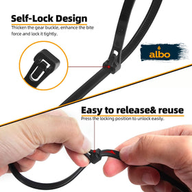Albo reusable zip ties 6-12-inch shown for DIY projects and garden use.