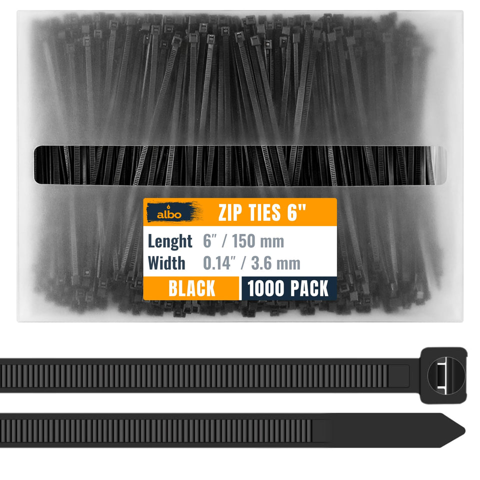 Albo zip ties 6-inch black pack for tidy wire management.