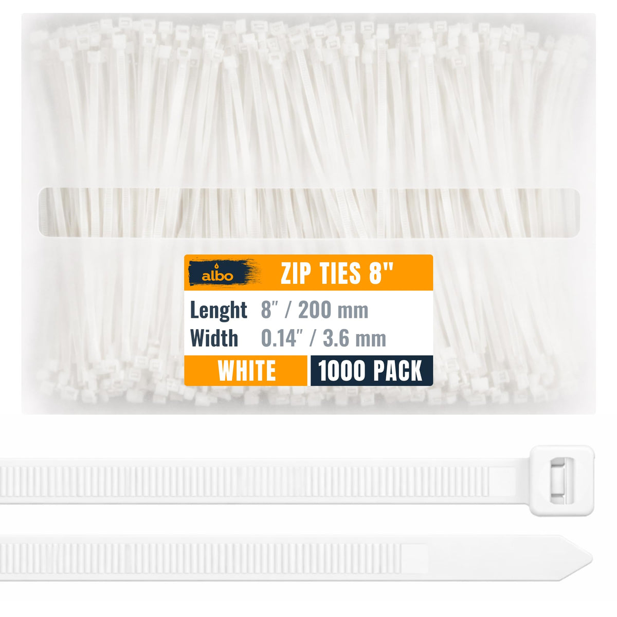Albo zip ties 8-inch white bundle for clutter-free cable management