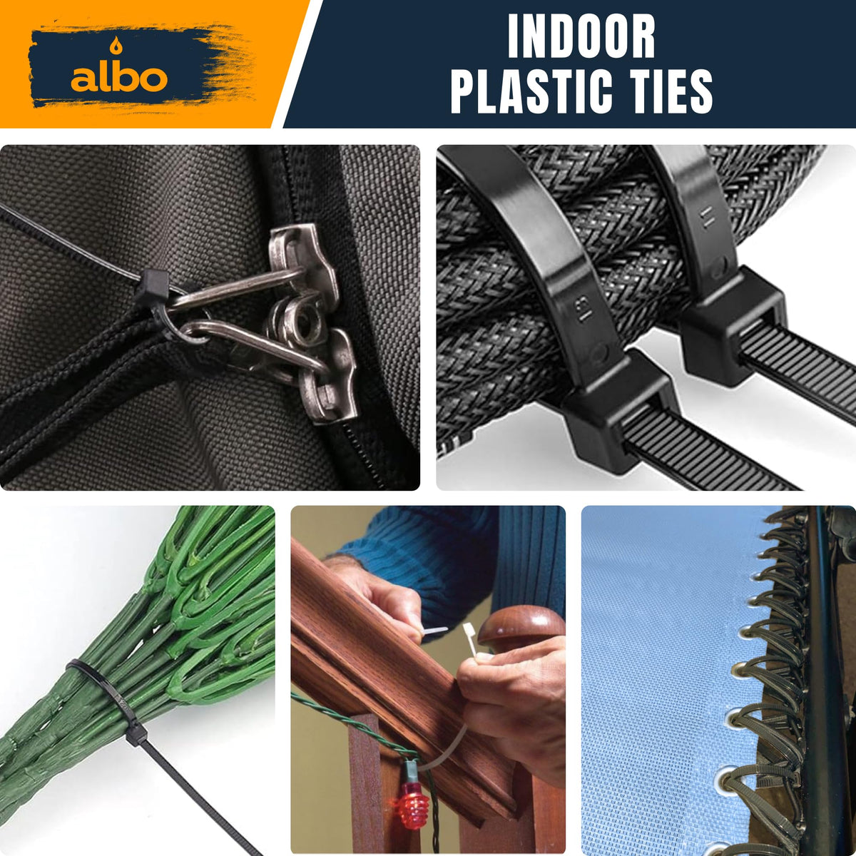 Albo 8-inch black zip ties for banners, plants, and cables