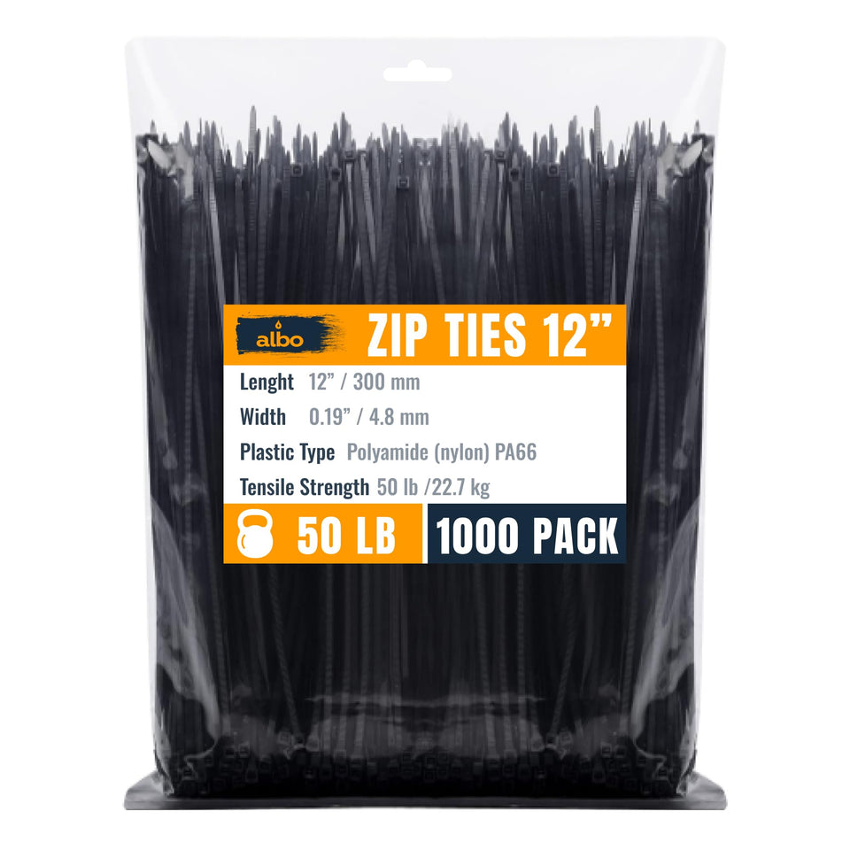 Albo front packaging showing 1000 black 12 inch zip ties and value