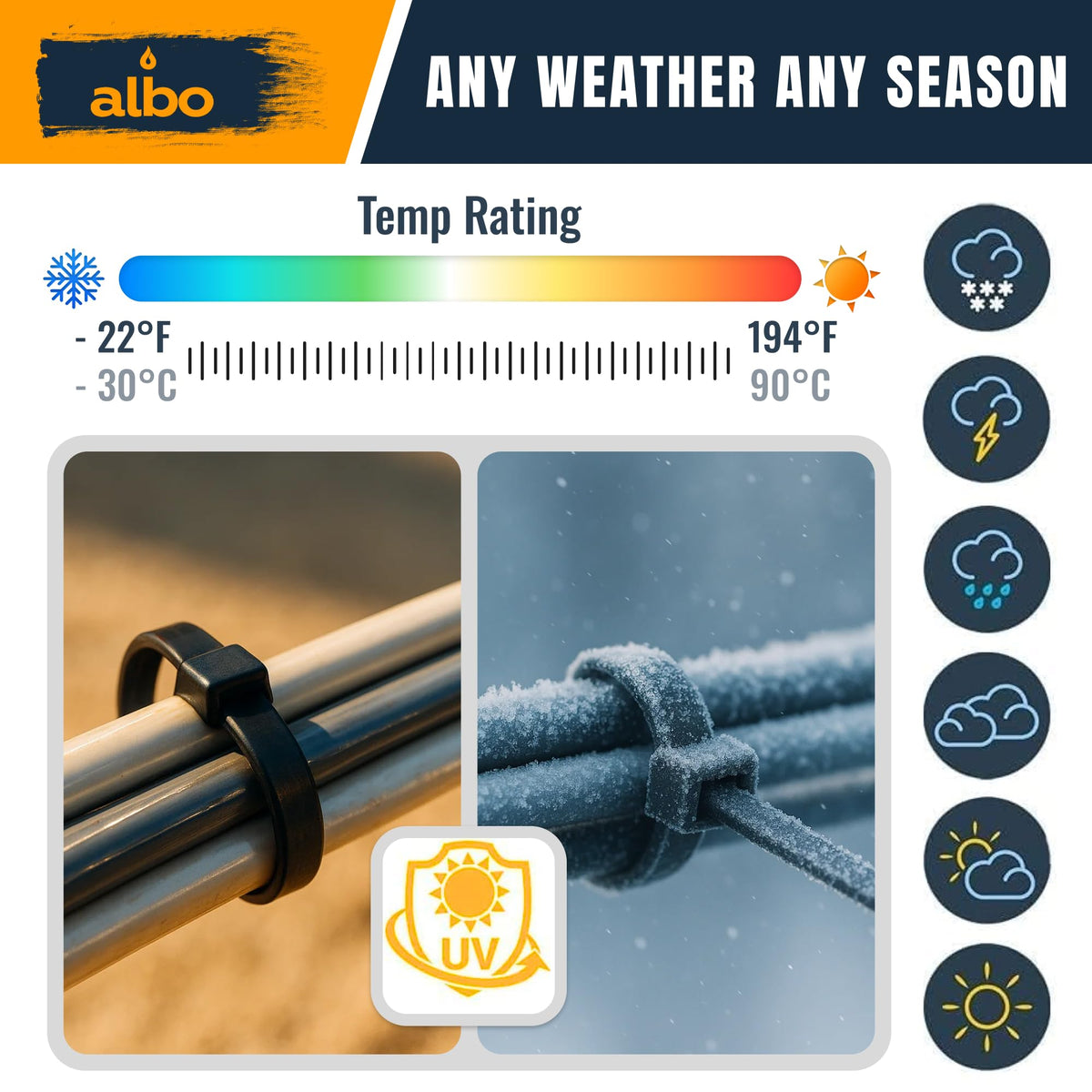 Albo heavy-duty zip ties designed for garden and garage tasks
