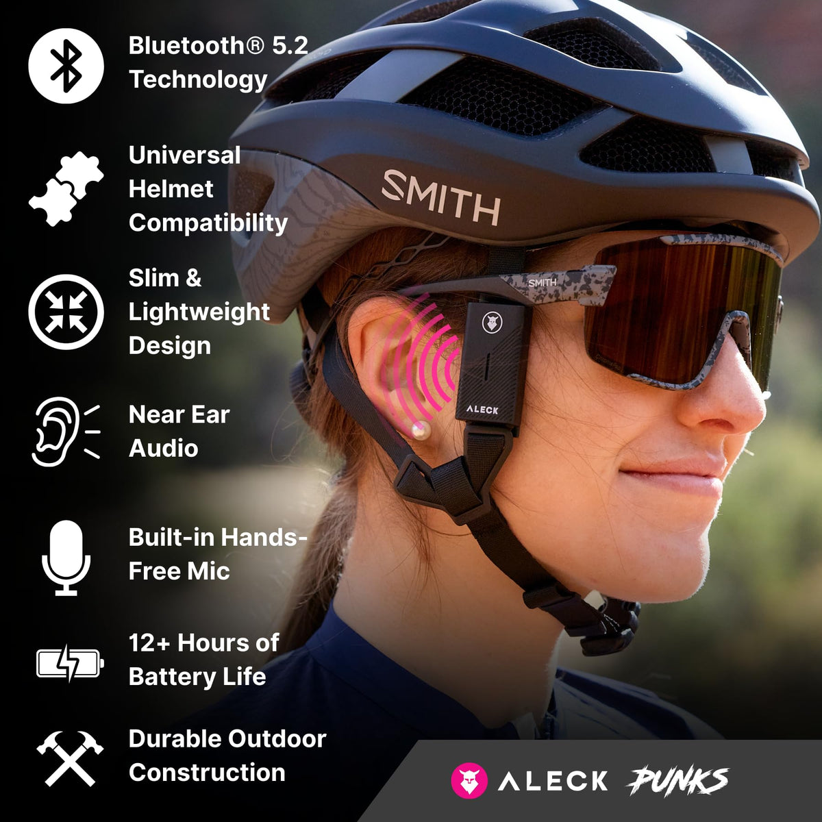 ALECK Punks helmet-mount design ensures universal, secure fit across open-face helmets.