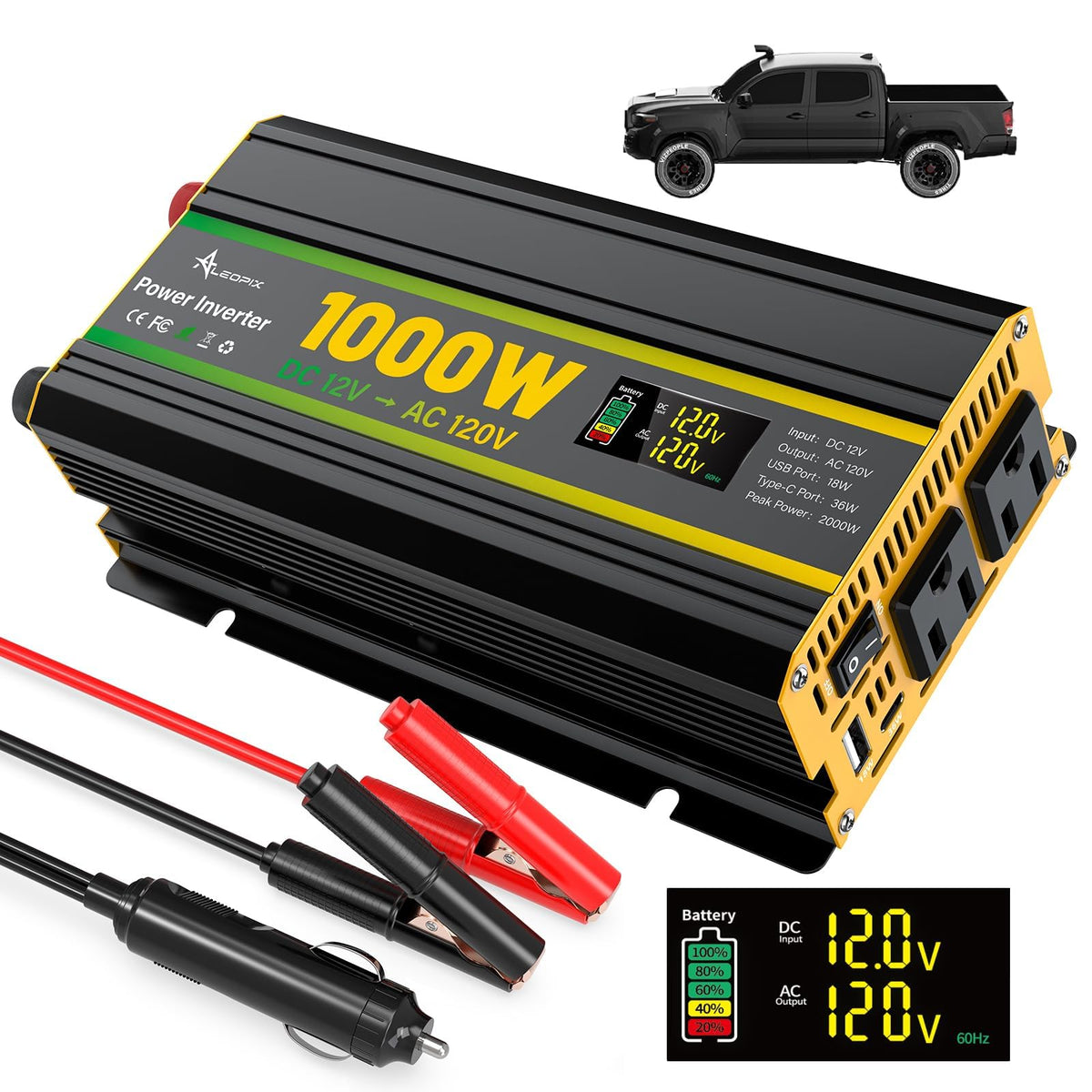 ALEOPIX 1000W inverter with LED display shows voltage at a glance for safer operation
