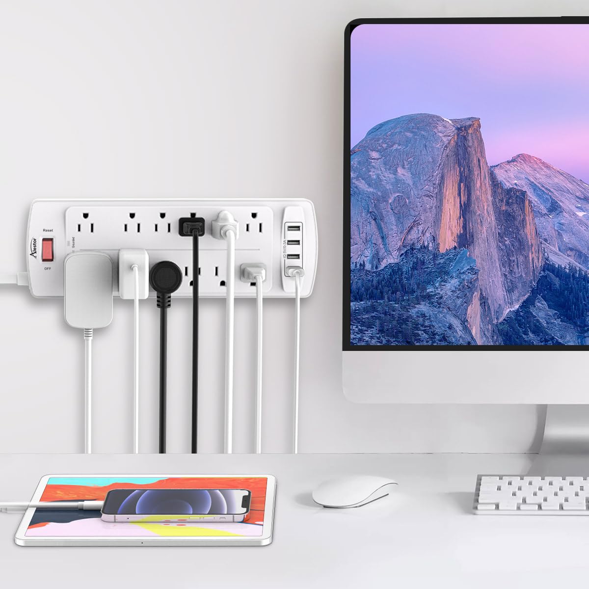 Alestor 10-foot power cord stretched to show reach and flexible placement benefits
