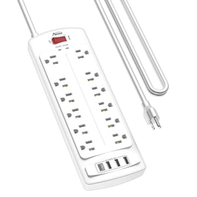 Alestor front view of power strip showing 12 outlets and 4 USB ports for versatile charging