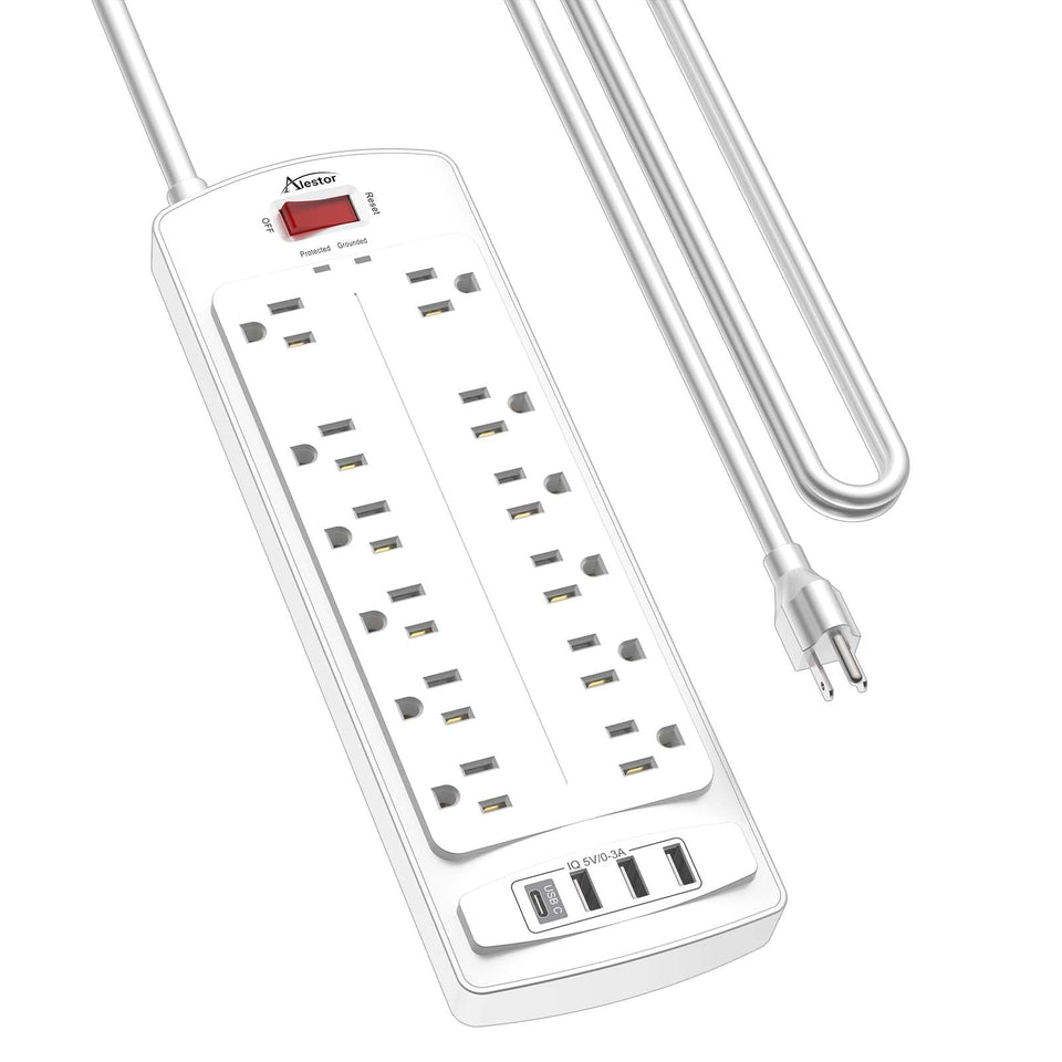 Alestor front view of power strip showing 12 outlets and 4 USB ports for versatile charging