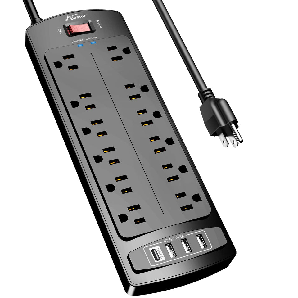 Alestor power strip with twelve outlets and four USB ports for versatile charging at home or office.