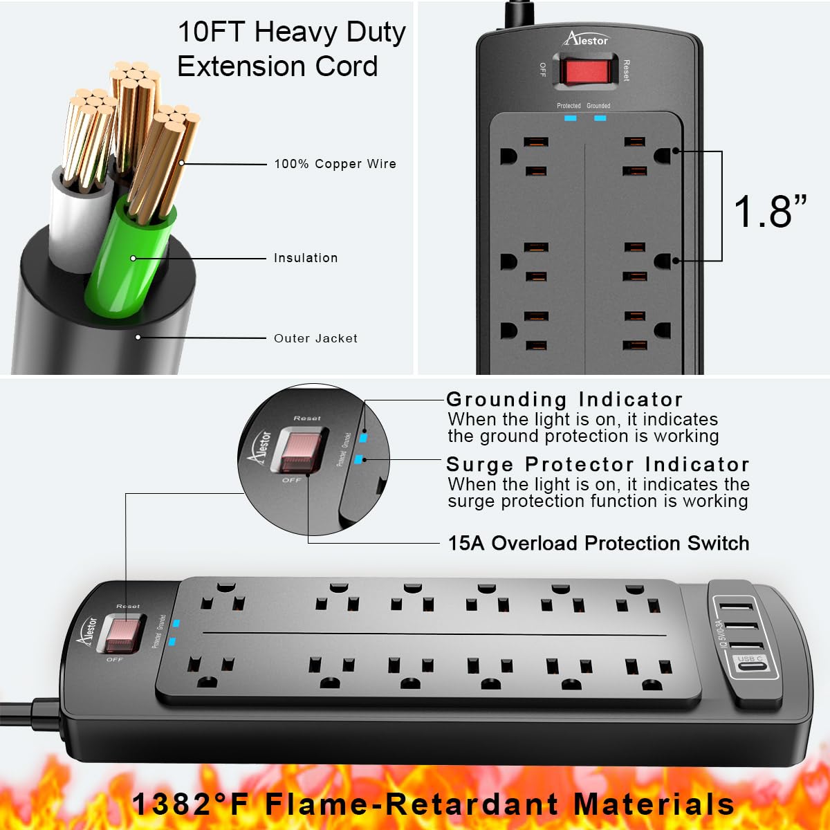 Alestor power strip in a home office showing organized device charging