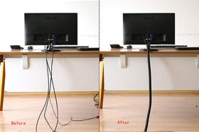Alex Tech wire loom wrapped around speaker cables displaying tidy cable management.