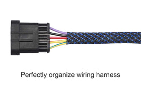 Alex Tech expandable braided sleeve demonstrating 50% diameter expansion for versatile routing