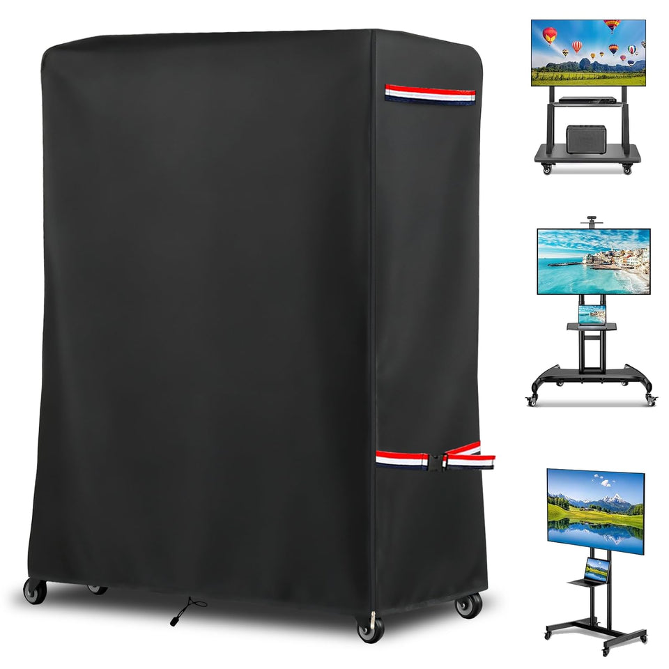 Alickwang front view of full cover protecting rolling TV stand, shows full weather protection