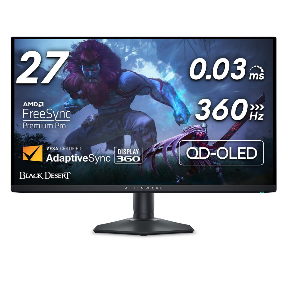 Alienware AW2725DF front view with vivid QD-OLED color for immersive gaming.