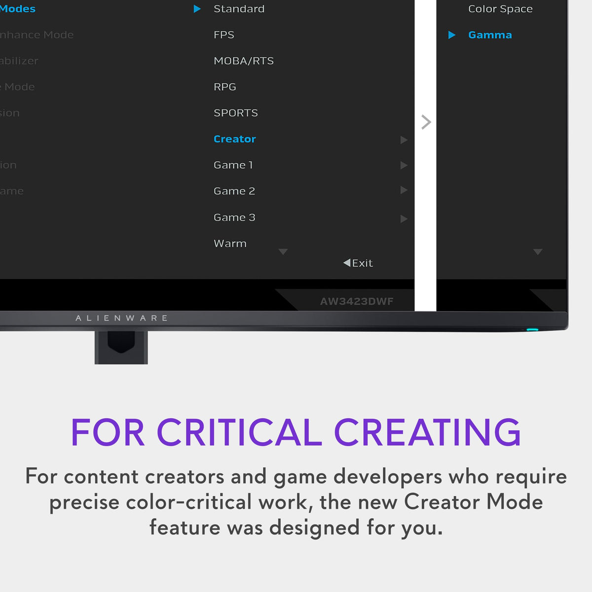 Alienware AW3423DWF Creator Mode lets you choose color spaces for content work.