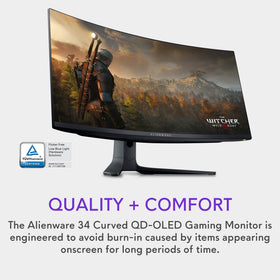 Alienware AW3423DWF Legend 2.0 design with curved 1800R panel and RGB lighting.