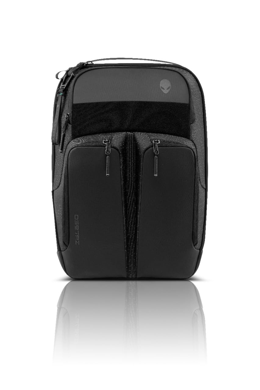 Dell Alienware front view showing sleek black pack and organized storage benefit