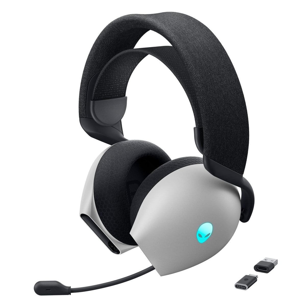 Alienware Tri-Mode Headset Lunar Light front view with vibrant RGB for immersive gaming.