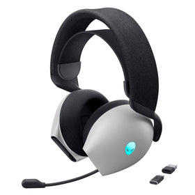 Alienware Tri-Mode Headset Lunar Light front view with vibrant RGB for immersive gaming.